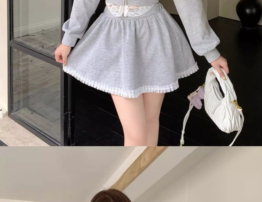 Frill-Trimmed Lace Zip Hoodie and High-Waisted Mini Skirt Set