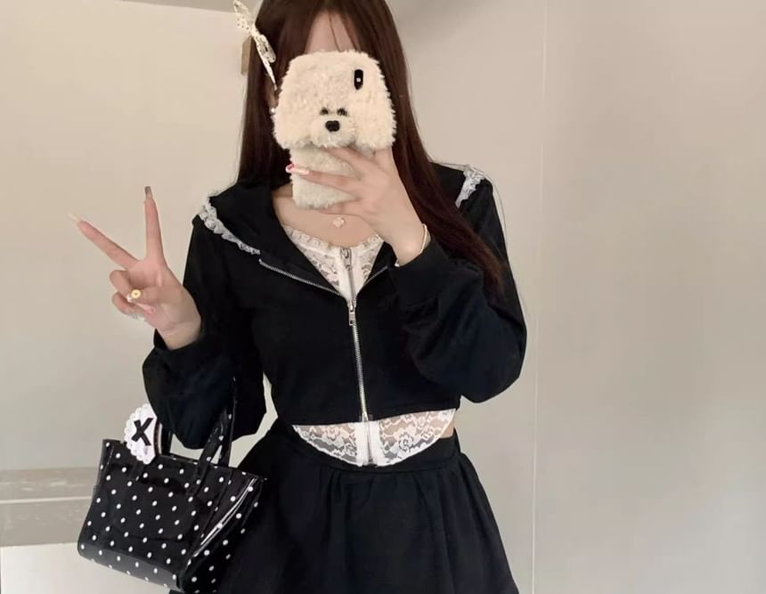 Frill-Trimmed Lace Zip Hoodie and High-Waisted Mini Skirt Set