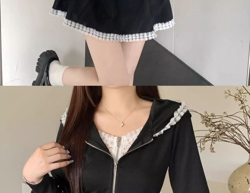 Frill-Trimmed Lace Zip Hoodie and High-Waisted Mini Skirt Set