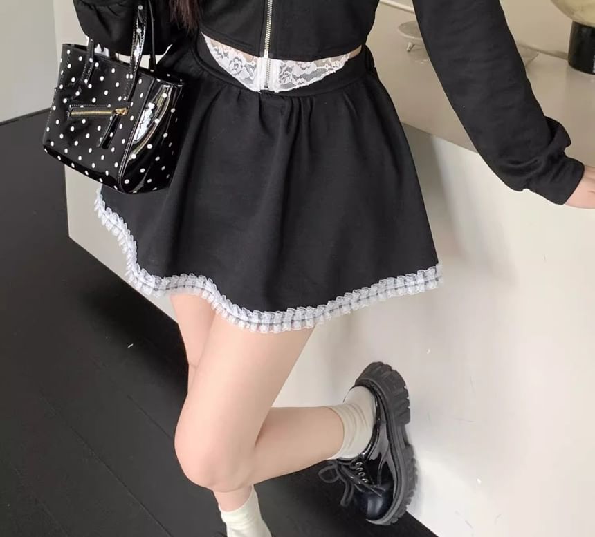 Frill-Trimmed Lace Zip Hoodie and High-Waisted Mini Skirt Set