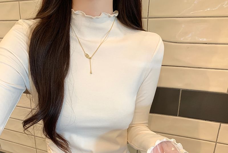 Mock Neck Long-Sleeve Lace-Panel Drawstring Slim Tee