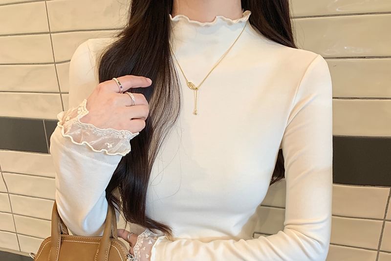 Mock Neck Long-Sleeve Lace-Panel Drawstring Slim Tee