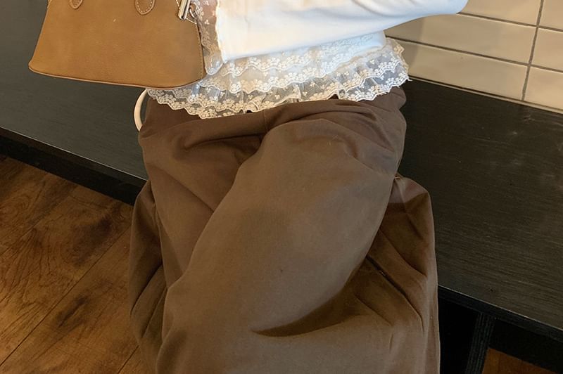 Mock Neck Long-Sleeve Lace-Panel Drawstring Slim Tee