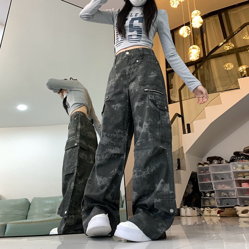 High Waist Camo Print Wide Leg Cargo Pants