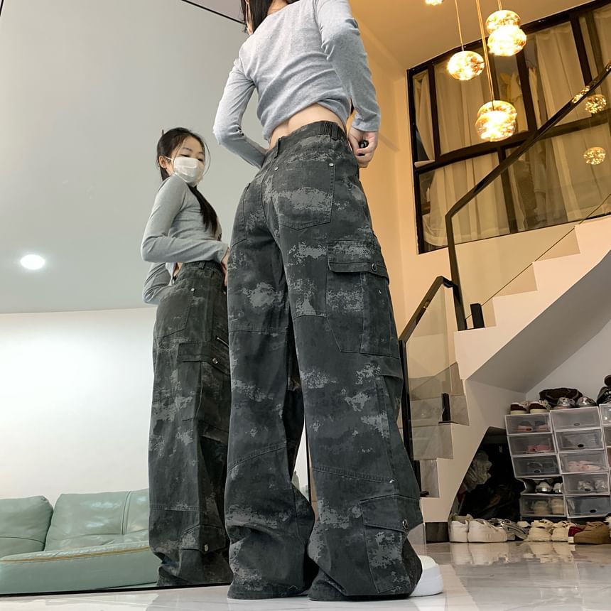 High Waist Camo Print Wide Leg Cargo Pants