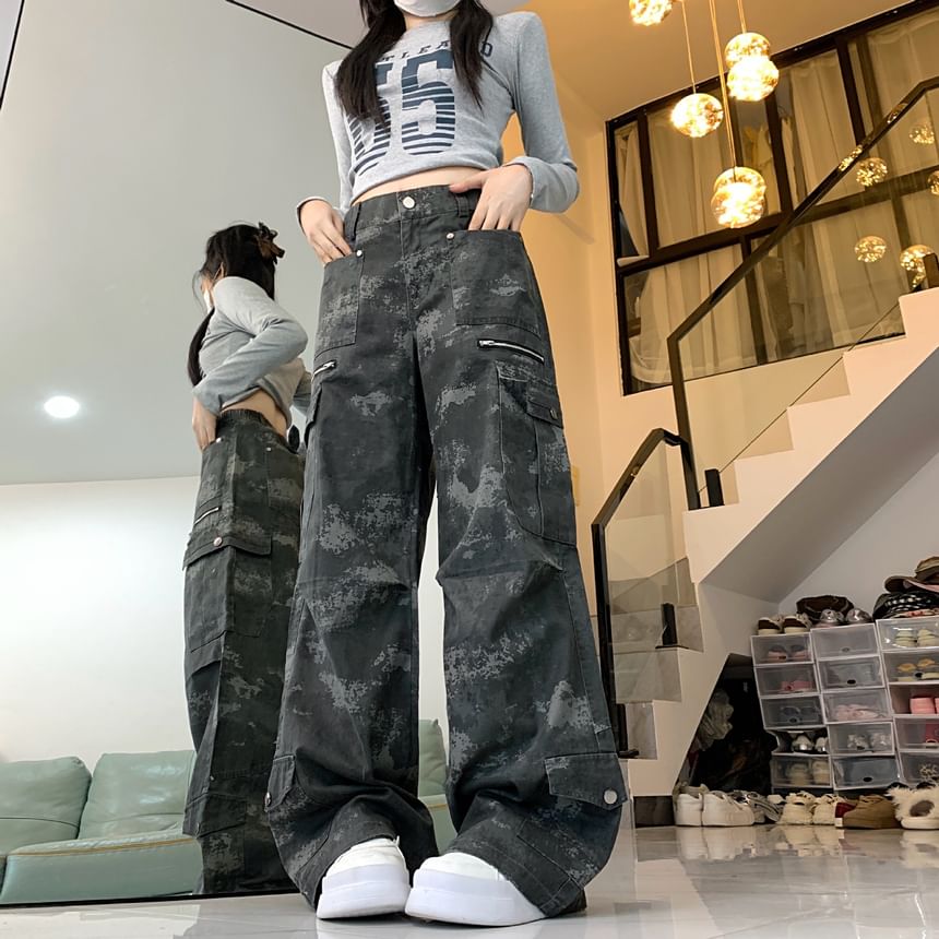 High Waist Camo Print Wide Leg Cargo Pants