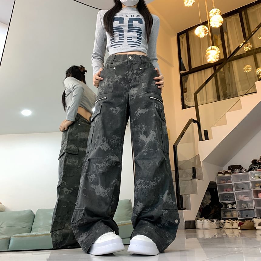 High Waist Camo Print Wide Leg Cargo Pants