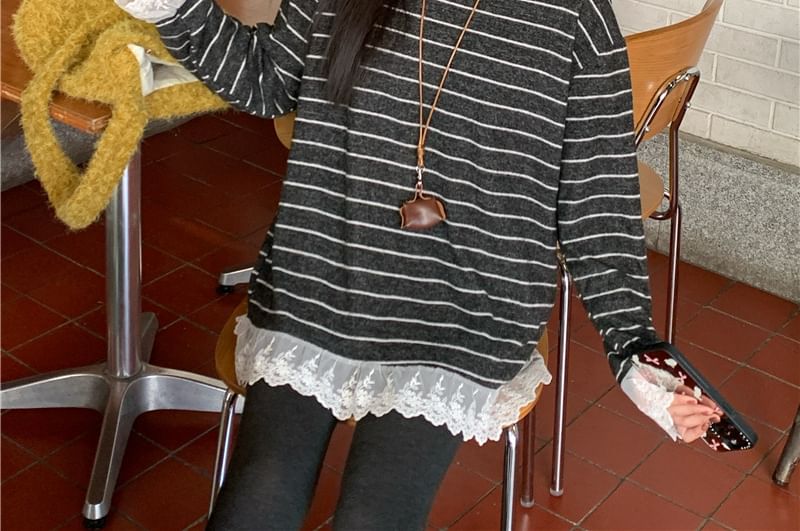 Crew Neck Long-Sleeve Striped Lace-Panel Tee