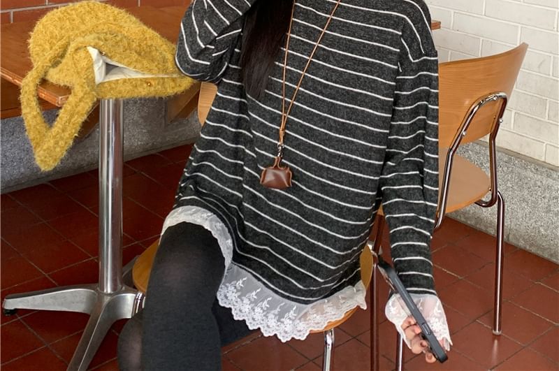 Crew Neck Long-Sleeve Striped Lace-Panel Tee