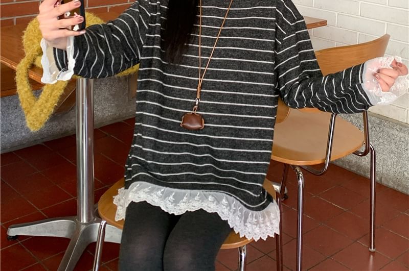 Crew Neck Long-Sleeve Striped Lace-Panel Tee