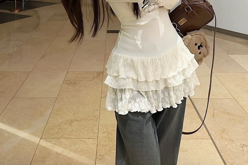 Mock Neck Long-Sleeve Ruffle Lace-Trimmed Tee