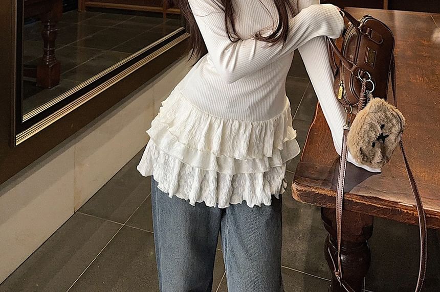 Mock Neck Long-Sleeve Ruffle Lace-Trimmed Tee