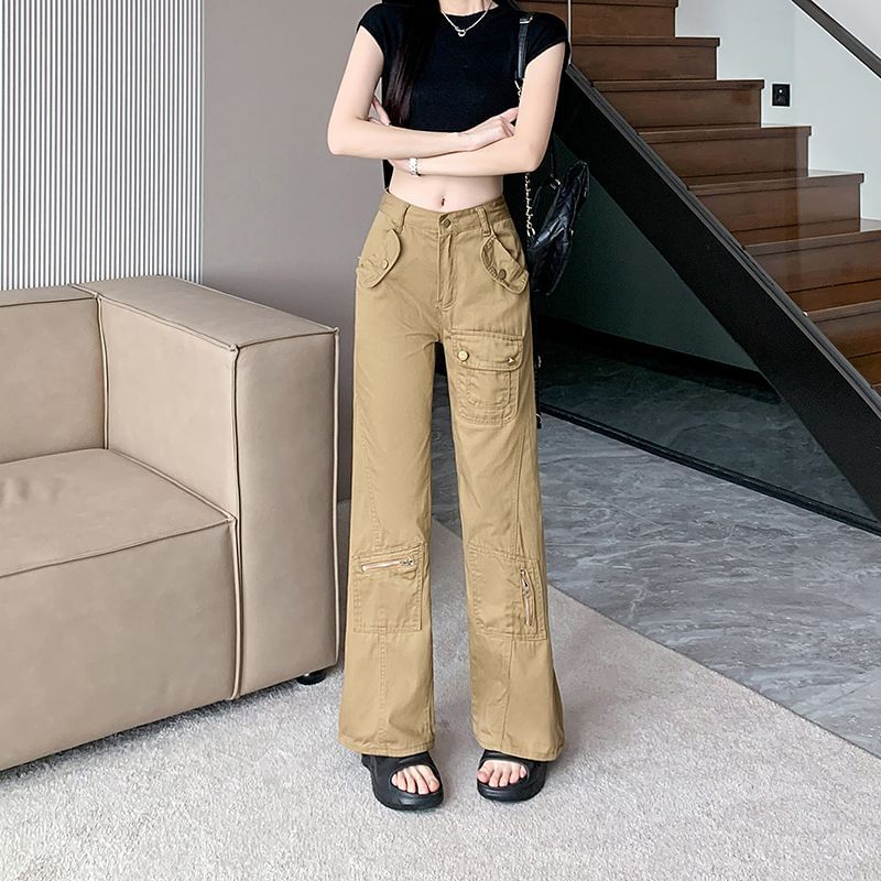 Mid Rise Plain Cargo Bootcut Pants