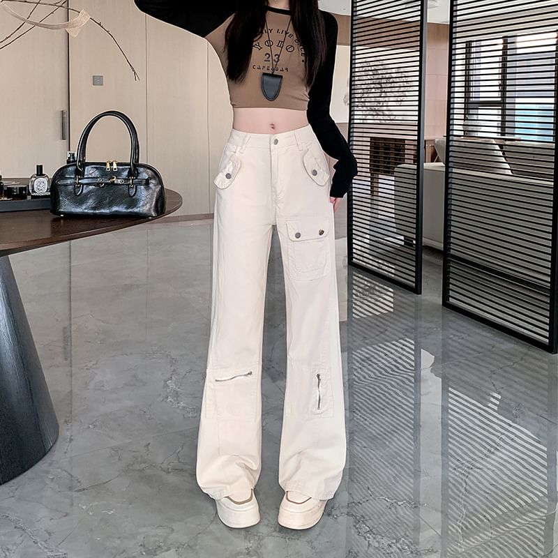 Mid Rise Plain Cargo Bootcut Pants