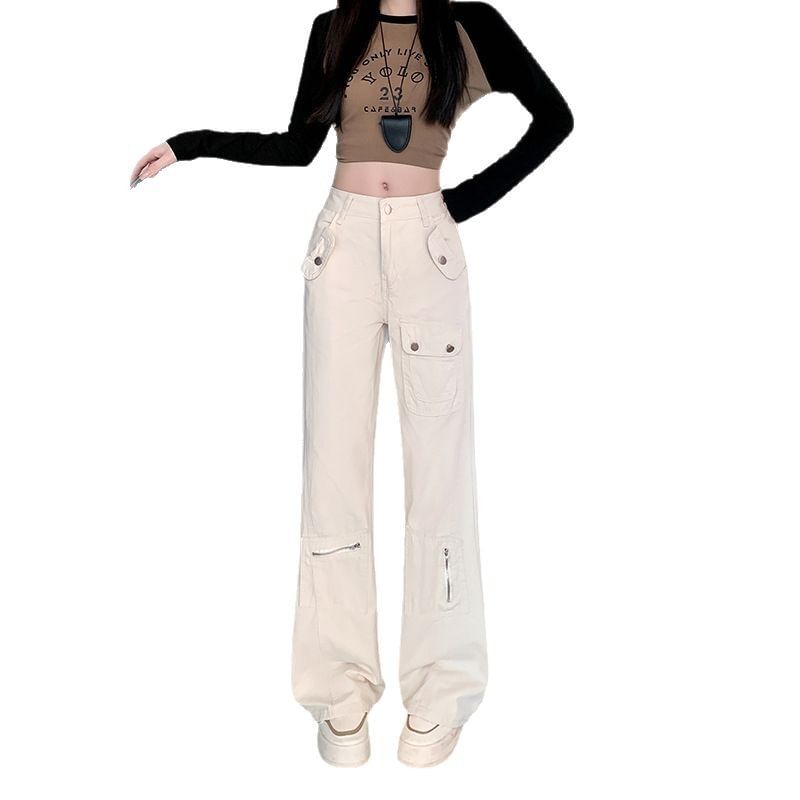 Mid Rise Plain Cargo Bootcut Pants