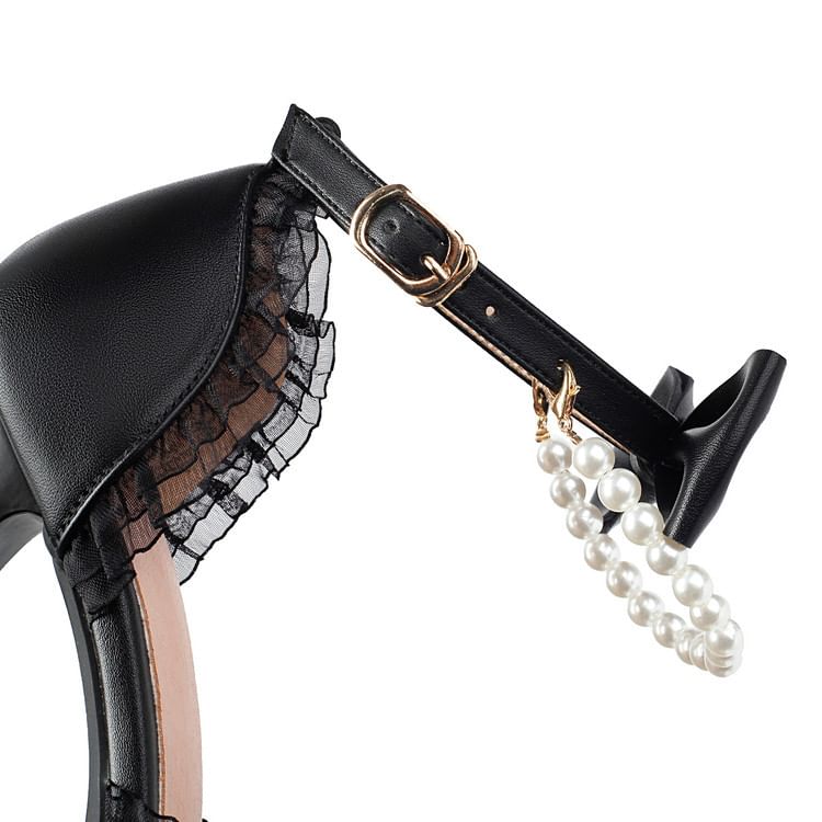 High Heel Faux Pearl Ruffle Trim Sandals