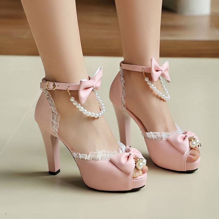 High Heel Faux Pearl Ruffle Trim Sandals
