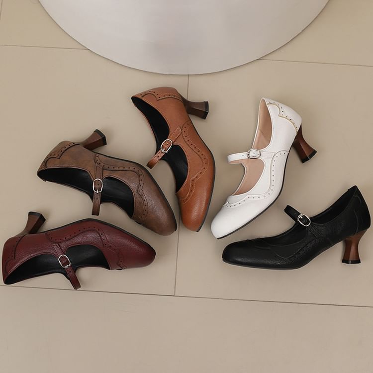 Faux Leather Low Heel Mary Jane Pumps