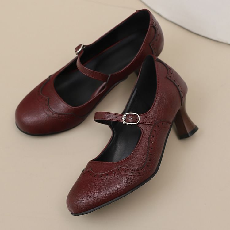 Faux Leather Low Heel Mary Jane Pumps