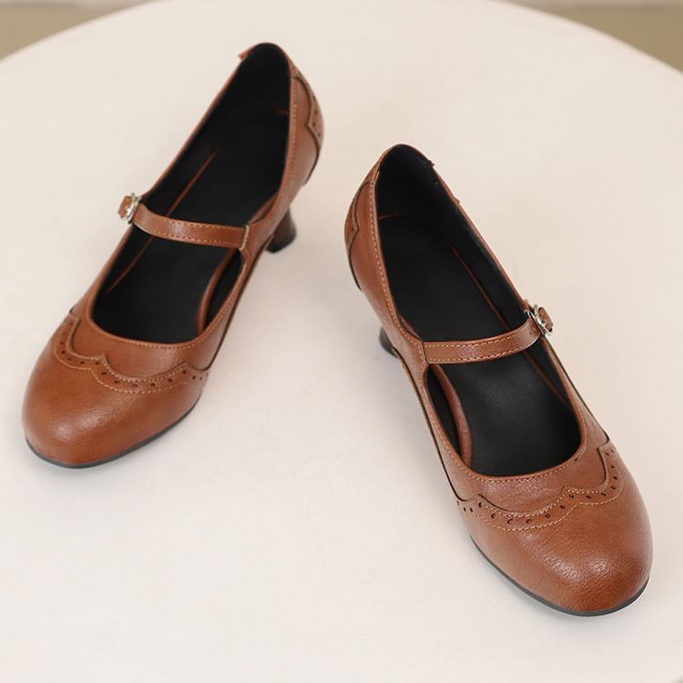 Faux Leather Low Heel Mary Jane Pumps