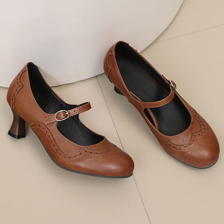 Faux Leather Low Heel Mary Jane Pumps