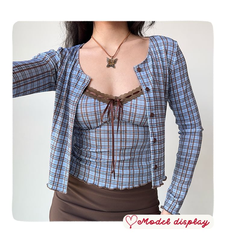 Plaid V-Neck Lace-Trimmed Cropped Cami and Button Cardigan Set