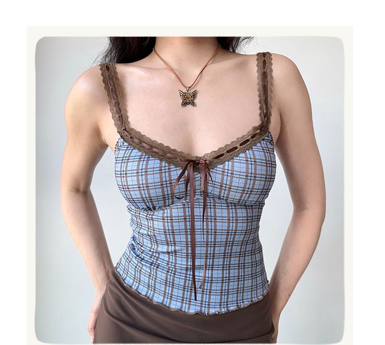 Plaid V-Neck Lace-Trimmed Cropped Cami and Button Cardigan Set