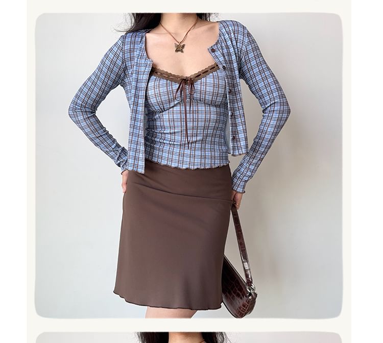 Plaid V-Neck Lace-Trimmed Cropped Cami and Button Cardigan Set