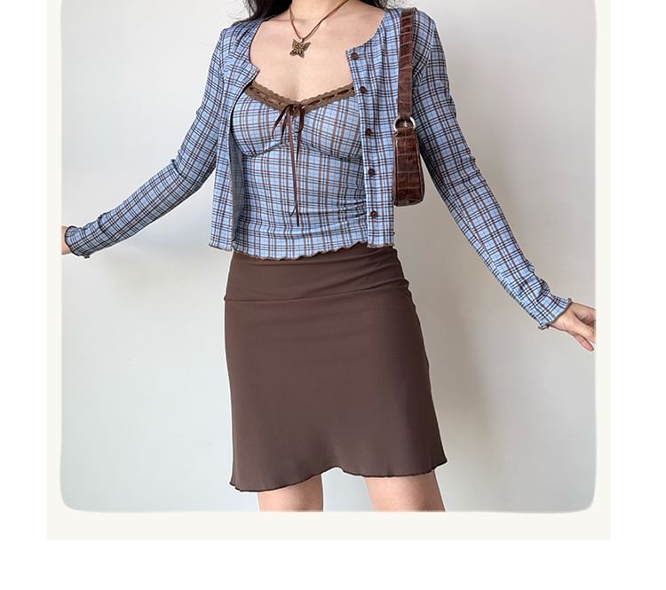 Plaid V-Neck Lace-Trimmed Cropped Cami and Button Cardigan Set