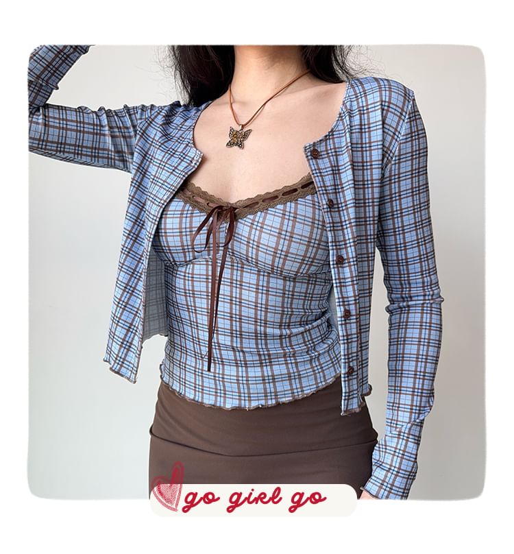 Plaid V-Neck Lace-Trimmed Cropped Cami and Button Cardigan Set
