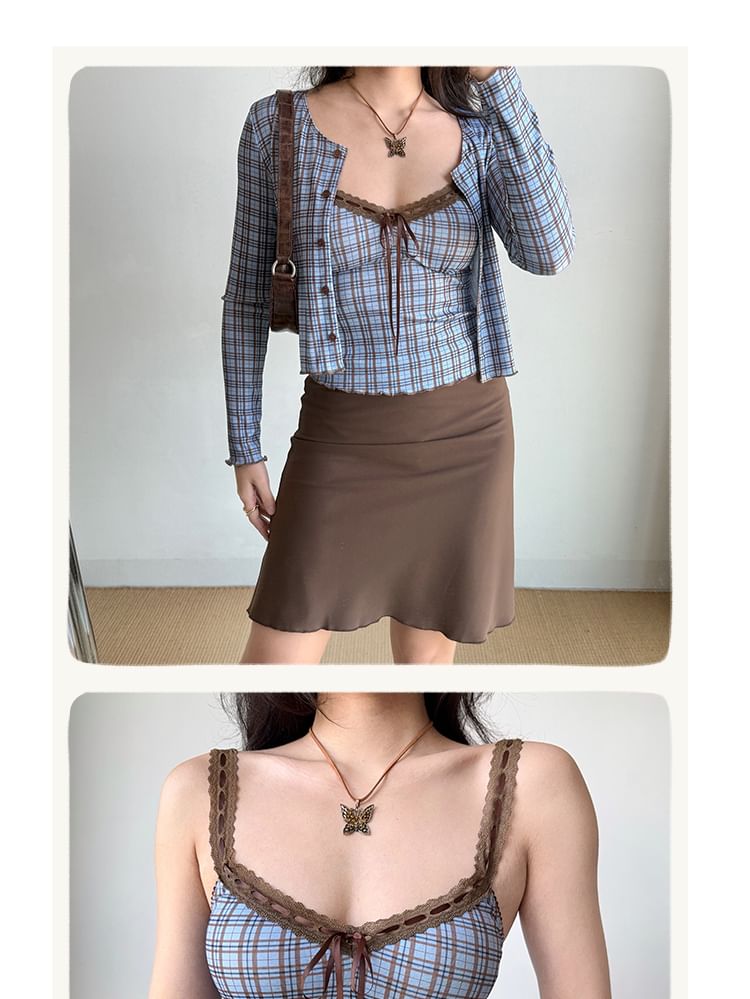 Plaid V-Neck Lace-Trimmed Cropped Cami and Button Cardigan Set