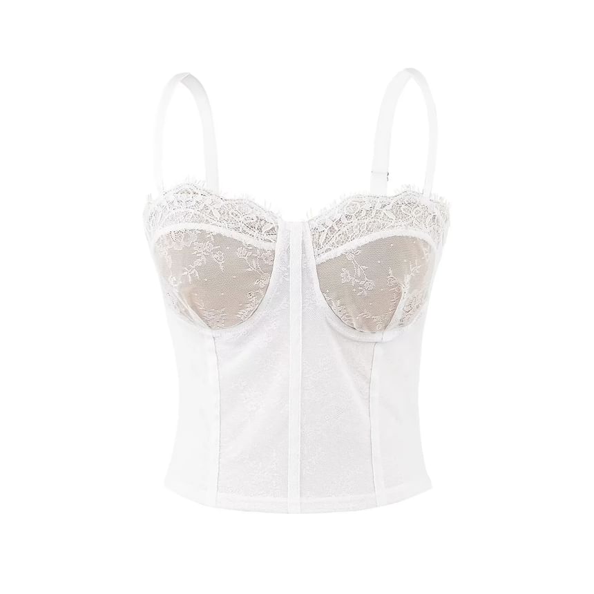 Mesh Lace-Trimmed Slim Cropped Camisole Top