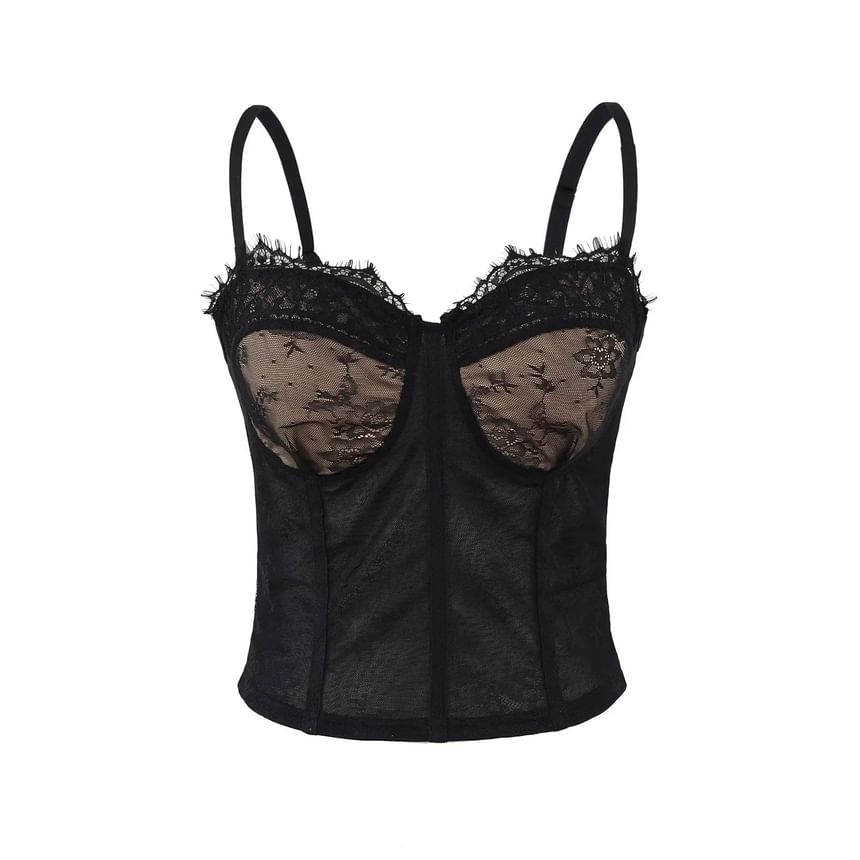 Mesh Lace-Trimmed Slim Cropped Camisole Top