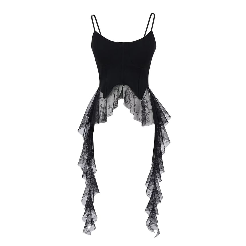 Ruffled Lace-Trimmed Spaghetti Strap Slim Camisole
