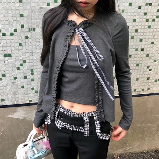 Ruffled Lace-Up Cardigan