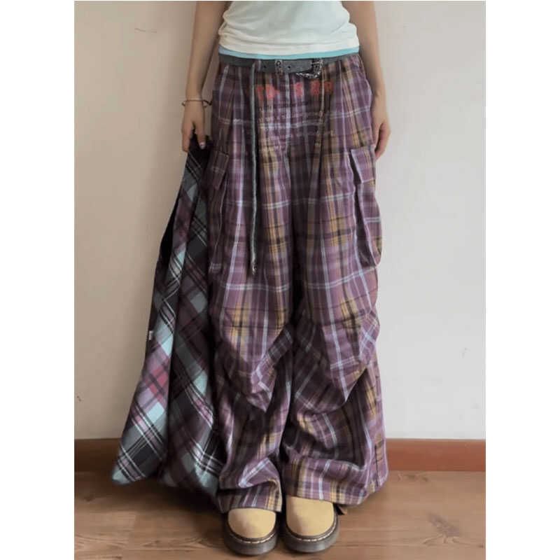 Low Rise Plaid Wide Leg Cargo Pants
