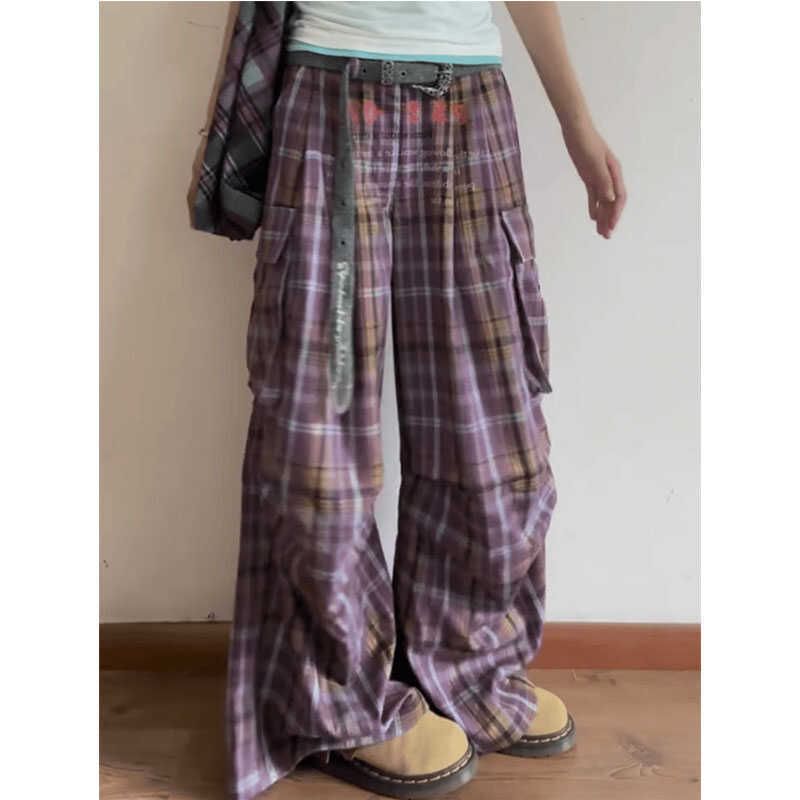Low Rise Plaid Wide Leg Cargo Pants