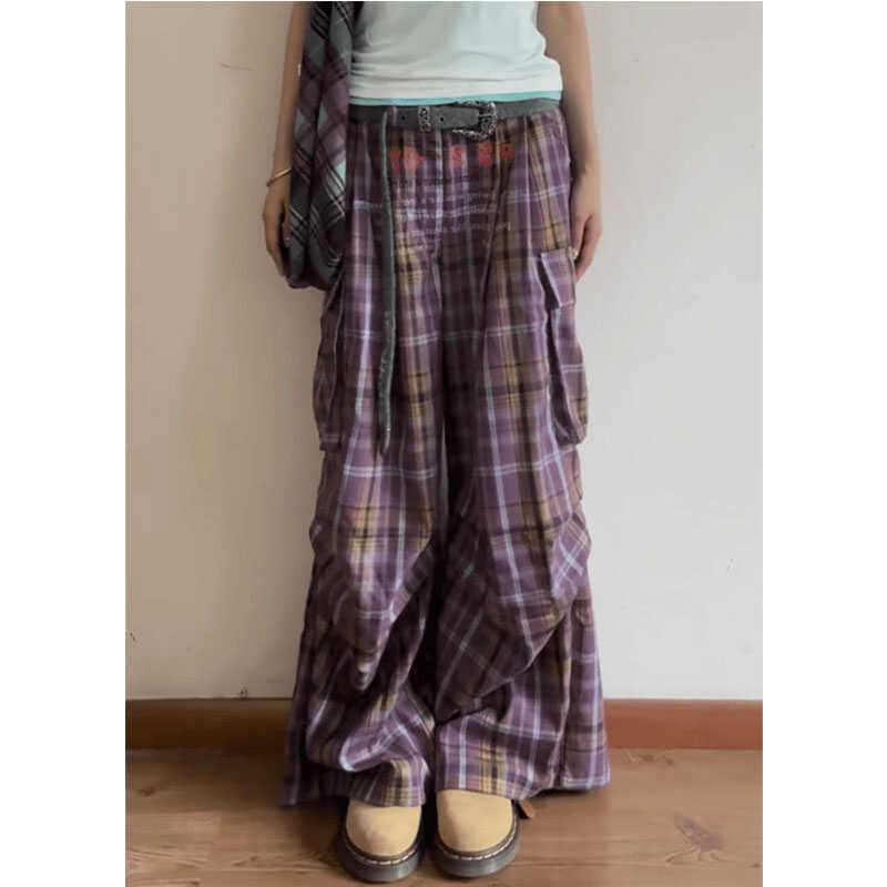 Low Rise Plaid Wide Leg Cargo Pants