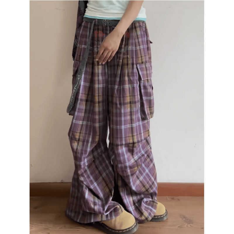 Low Rise Plaid Wide Leg Cargo Pants