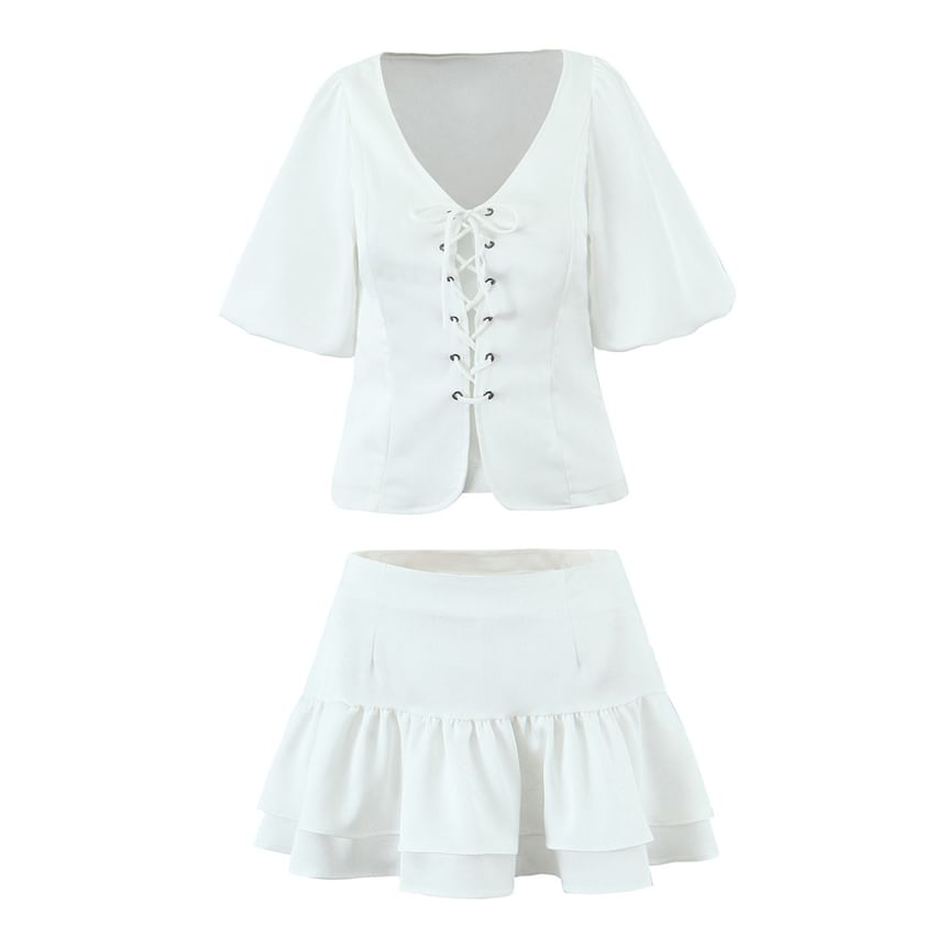 Puff-Sleeved V-Neck Lace-Up Slit Blouse & Mini Layered Skirt