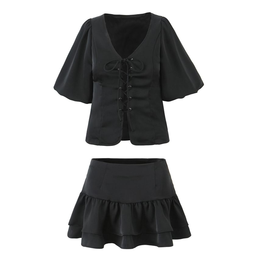 Puff-Sleeved V-Neck Lace-Up Slit Blouse & Mini Layered Skirt