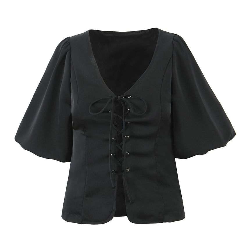 Puff-Sleeved V-Neck Lace-Up Slit Blouse & Mini Layered Skirt
