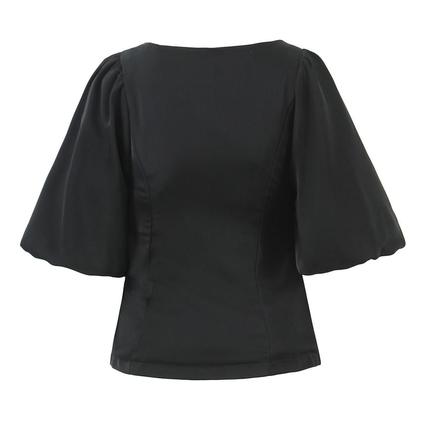 Puff-Sleeved V-Neck Lace-Up Slit Blouse & Mini Layered Skirt