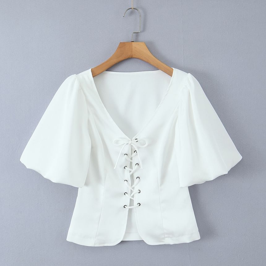 Puff-Sleeved V-Neck Lace-Up Slit Blouse & Mini Layered Skirt
