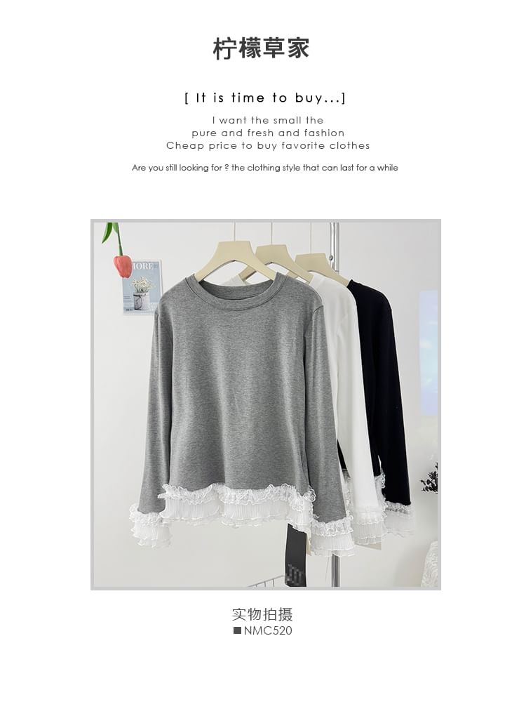 Ruffled Lace Trim Long-Sleeved Tee