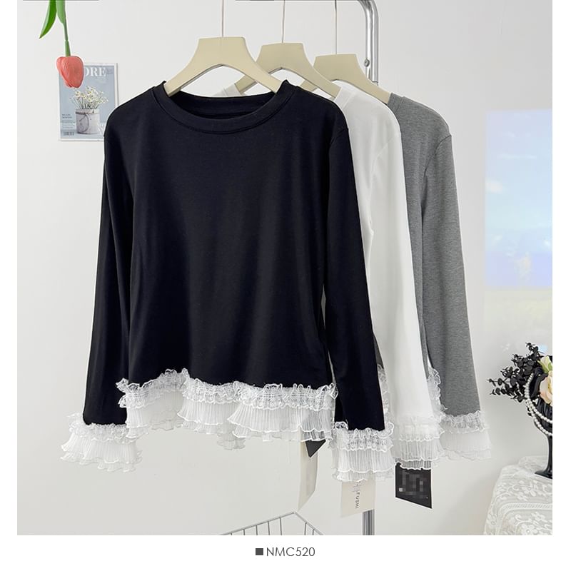 Ruffled Lace Trim Long-Sleeved Tee
