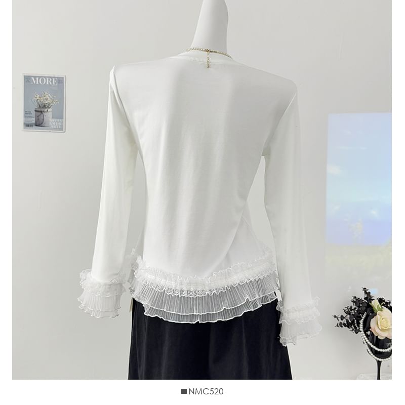 Ruffled Lace Trim Long-Sleeved Tee