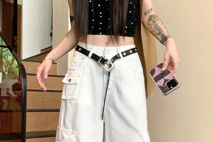 Mid Rise Washed Capri Wide Leg Cargo Jorts