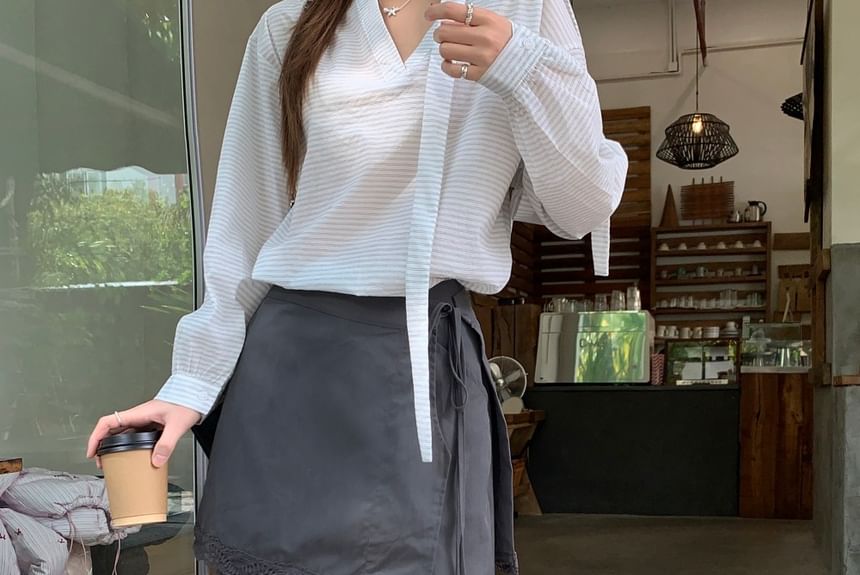 Striped Blouse with Wide Leg Pants and Apron Skirt Set