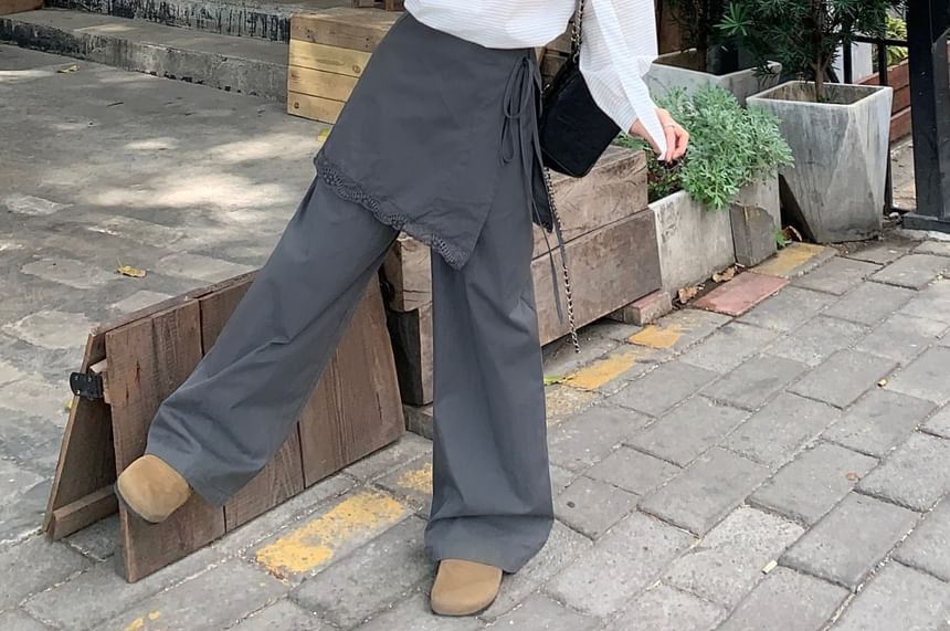 Striped Blouse with Wide Leg Pants and Apron Skirt Set
